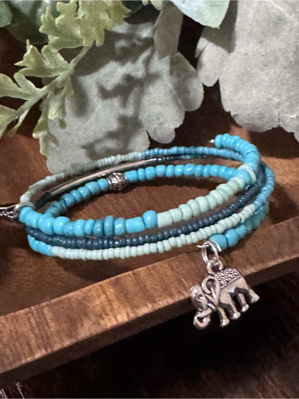 Artisan Blue Multi-Strand Beaded Bracelet with Elephant Charm